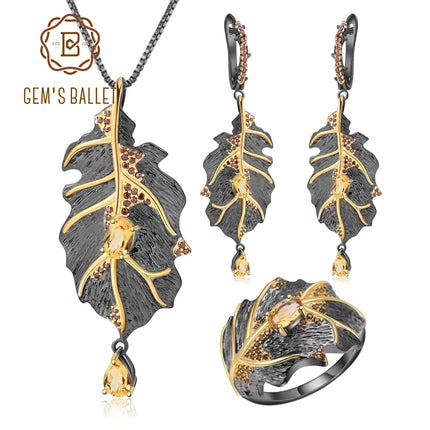 GEM'S BALLET 925 Sterling Silver Handmade Natural Citrine Leaves Ring Earrings Pendant Jewelry Set For Women Georgia O'keeffe