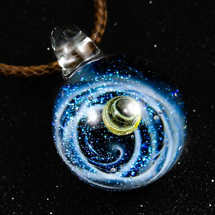 Fashion Starry Sky Glass Ball Moon Necklace Universe Galaxy Planet Pendant Necklace Sweater Chain Jewelry Gift for Women Men