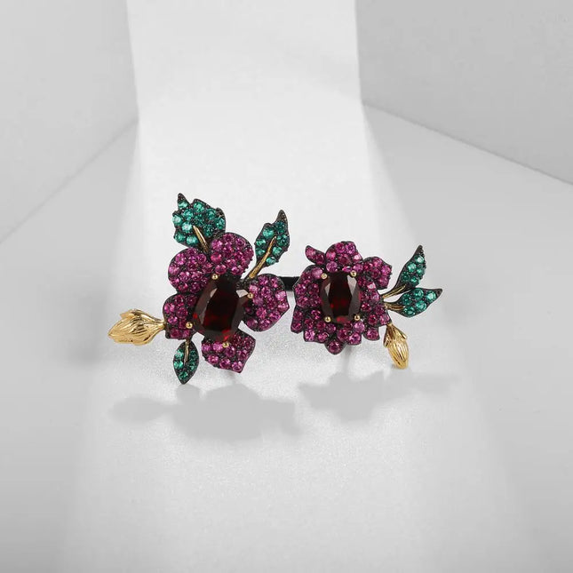 GEM'S BALLET Natural Red Garnet Double Flower Handmade Rings For Women 925 Sterling Silver Adjustable Open Ring Secret Garden