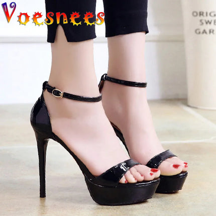 Solid One Word Band Sandals 2021 New Summer Buckle Strap 12CM Stiletto Shoes Waterproof Platform Elegant Lady High Heeled Shoes