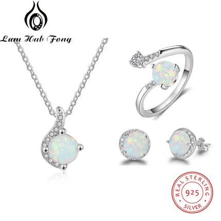 Jewelry Sets for Women Dainty 925 Sterling Silver White Opal Ring Earrings Chain Necklace Wedding Jewelry Sets (Lam Hub Fong)