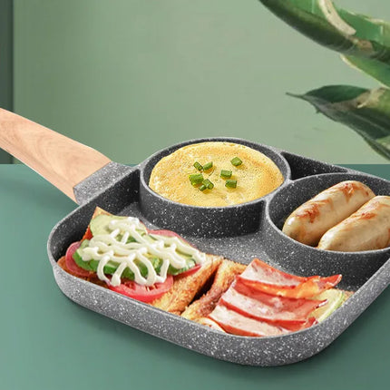 UPORS 4 Hole Frying Pan Non Stick Breakfast Burger Egg Pancake Maker Wooden Handle Medical Stone Four Hole Omelet Pan