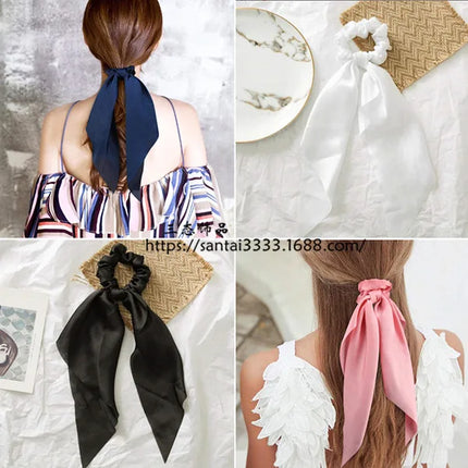 Sweet Long Ribbon Solid Bow Scrunchies Satin Ponytail Fashion Hair Ties Women Girls Elastic Hair Bands Headwear Hair Accessories