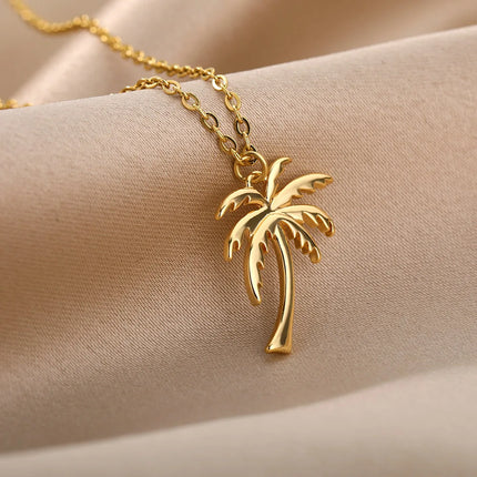 Coconut Tree Pendant Necklace For Women Stainless Steel Gold Color Plant Necklaces 2023 Trend New Couple Jewelry collares mujer