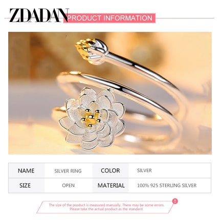 ZDADAN 925 Sterling Silver Charm Lotus Ring For Women Fashion Open Adjustable Finger Rings Jewelry Gift