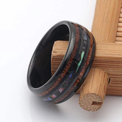 Fashion Silver Color Men's Stainless Steel Rings Koa Wood Deer Antler Inlay Dome Engagement Rings For Men Women Wedding Jewelry