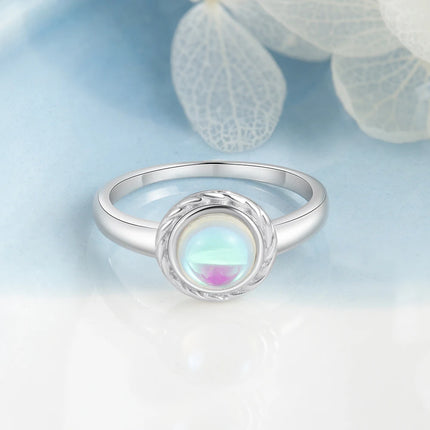 Vintage Women 925 Sterling Silver Rings with 6mm Round Rainbow Moonstone Wedding Party Gifts Fine Jewelry (Lam Hub Fong)