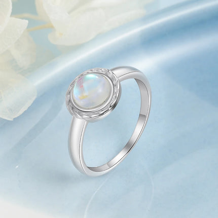 Vintage Women 925 Sterling Silver Rings with 6mm Round Rainbow Moonstone Wedding Party Gifts Fine Jewelry (Lam Hub Fong)