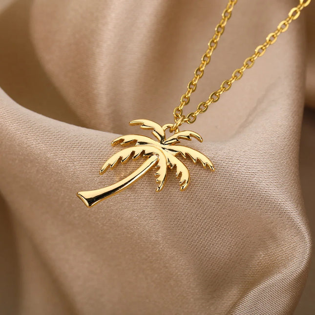 Coconut Tree Pendant Necklace For Women Stainless Steel Gold Color Plant Necklaces 2023 Trend New Couple Jewelry collares mujer