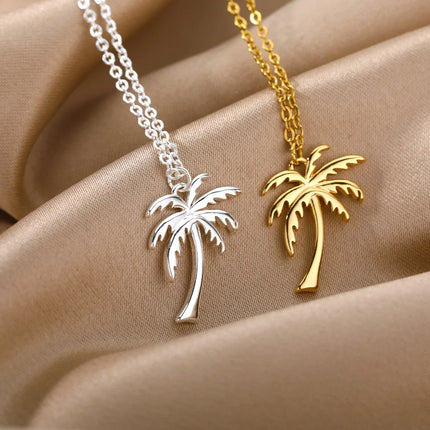 Coconut Tree Pendant Necklace For Women Stainless Steel Gold Color Plant Necklaces 2023 Trend New Couple Jewelry collares mujer