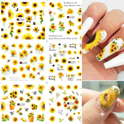 12pcs Sunflower Nail Stickers Blossom Florals Nail Art Water Decals Transfer Foils Sliders Decorations for Manicure TRA1633-1644