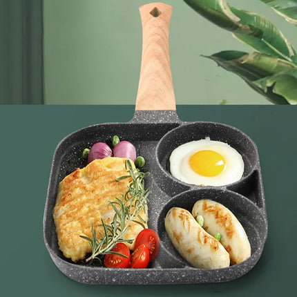 UPORS 4 Hole Frying Pan Non Stick Breakfast Burger Egg Pancake Maker Wooden Handle Medical Stone Four Hole Omelet Pan