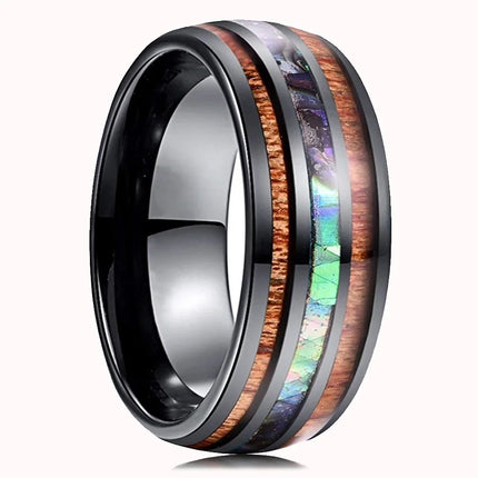 Fashion Silver Color Men's Stainless Steel Rings Koa Wood Deer Antler Inlay Dome Engagement Rings For Men Women Wedding Jewelry