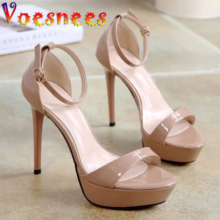 Solid One Word Band Sandals 2021 New Summer Buckle Strap 12CM Stiletto Shoes Waterproof Platform Elegant Lady High Heeled Shoes