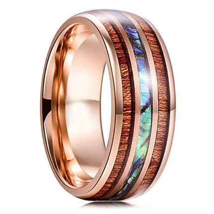 Fashion Silver Color Men's Stainless Steel Rings Koa Wood Deer Antler Inlay Dome Engagement Rings For Men Women Wedding Jewelry