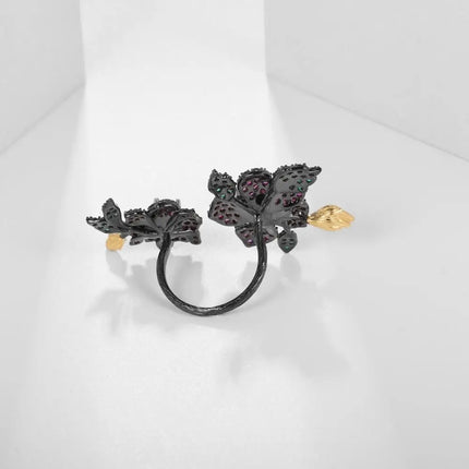 GEM'S BALLET Natural Red Garnet Double Flower Handmade Rings For Women 925 Sterling Silver Adjustable Open Ring Secret Garden