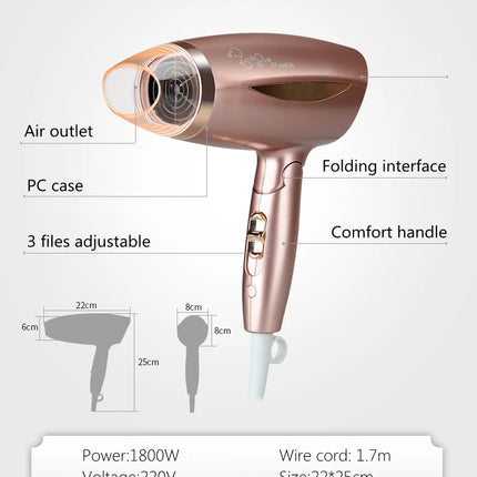 DMWD elextric hair dryer hot /cool wind  2 gears adjustable portable hair dryer for travel foldable machine highw power 1800W EU