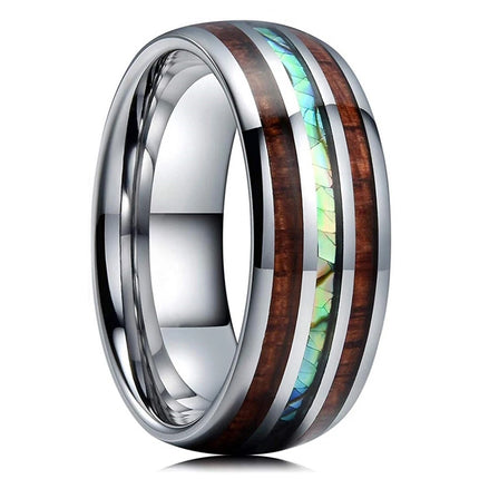 Fashion Silver Color Men's Stainless Steel Rings Koa Wood Deer Antler Inlay Dome Engagement Rings For Men Women Wedding Jewelry