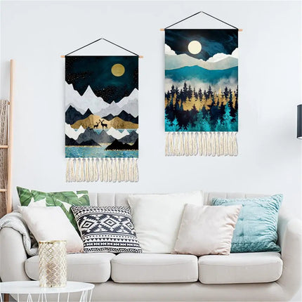 Landscape Tassel Tapestry Bohemian Aesthetic Macrame Tapestry Home Decor Wall Hanging Tapestry Boho Decor For Living Room