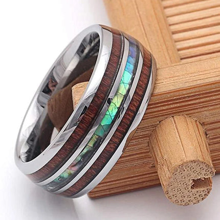 Fashion Silver Color Men's Stainless Steel Rings Koa Wood Deer Antler Inlay Dome Engagement Rings For Men Women Wedding Jewelry