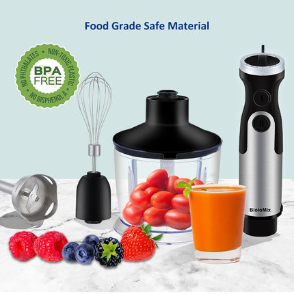 BioloMix 1200W 4-in-1 Immersion Hand Stick Blender Mixer Vegetable Meat Grinder 800ml Chopper Whisk 600ml Smoothie Cup