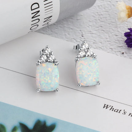 Rectangle White Opal Earrings for Women 925 Sterling Silver Stud Earrings with Cubic Zirconia Fine Jewelry (Lam Hub Fong)