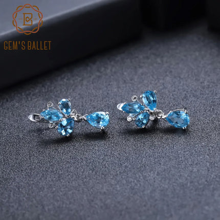 GEM'S BALLET 925 Sterling Silver Flower Earrings 6.69Ct Natural Swiss Blue Topaz Gemstone Drop Earrings for Women Fine Jewelry