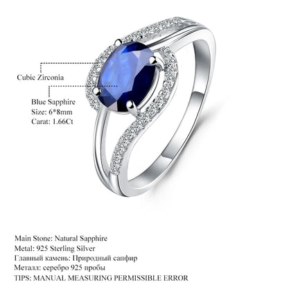 GEM'S BALLET 100% 925 Sterling Silver Classic Fine Rings 1.66Ct Oval Natural Blue Sapphire Gemstone Ring for Women Jewelry