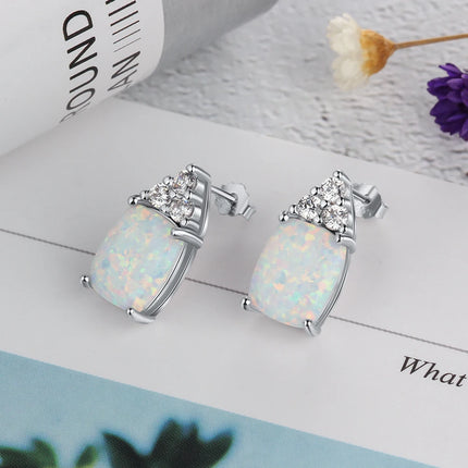 Rectangle White Opal Earrings for Women 925 Sterling Silver Stud Earrings with Cubic Zirconia Fine Jewelry (Lam Hub Fong)