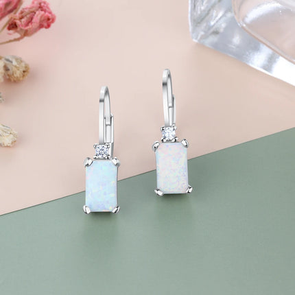 Geometric 925 Sterling Silver Hoop Earrings Rectangular Created White Fire Opal Earrings Fine Jewelry Accessories (Lam Hub Fong)