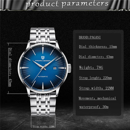 PAGANI DESIGN Men's Fashion Casual Mechanical Watches Waterproof 30M Stainless Steel Brand Luxury Automatic Business Watch saat