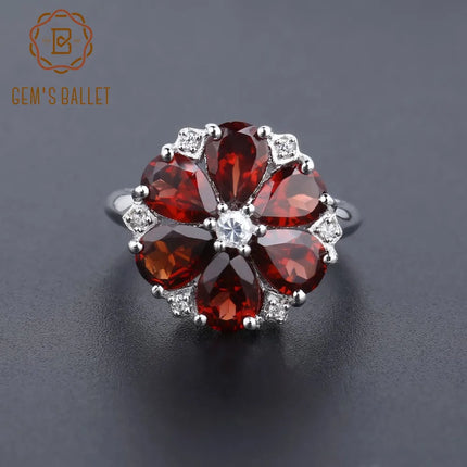 GEM'S BALLET 5.05Ct Natural Red Garnet Cocktail Flowers Ring 925 Sterling Silver Classic Gemstone Rings For Women Fine Jewelry