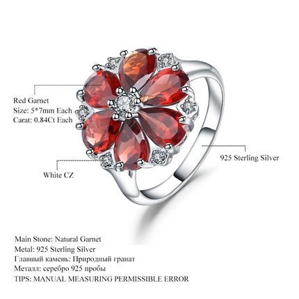 GEM'S BALLET 5.05Ct Natural Red Garnet Cocktail Flowers Ring 925 Sterling Silver Classic Gemstone Rings For Women Fine Jewelry