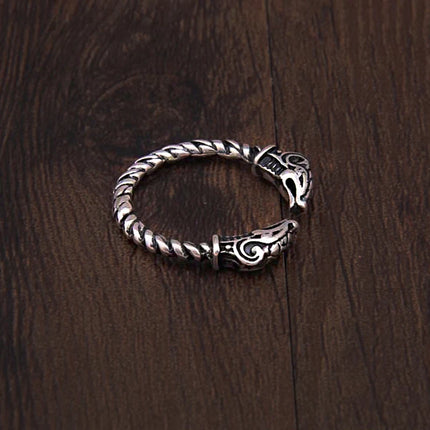 S925 Sterling Silver Viking Adjustable Goat Twist Ring with vintage viking wood box