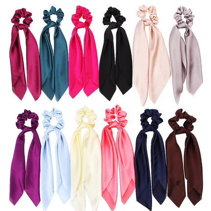 DIY Solid/Floral Print Bow Satin Long Ribbon Ponytail Scarf Hair Tie Scrunchies Women Girls Elastic Hair Bands Hair Accessories