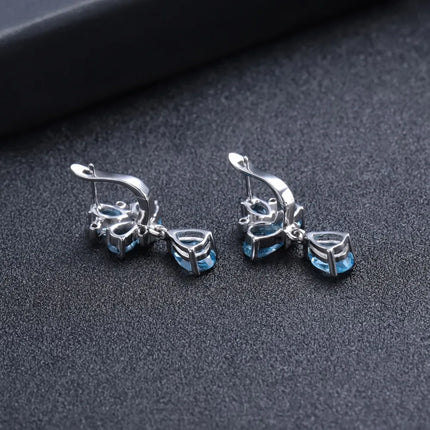 GEM'S BALLET 925 Sterling Silver Flower Earrings 6.69Ct Natural Swiss Blue Topaz Gemstone Drop Earrings for Women Fine Jewelry