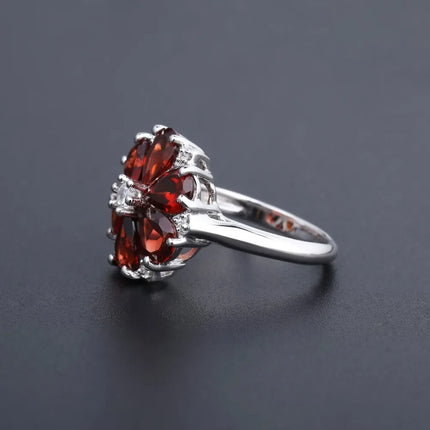 GEM'S BALLET 5.05Ct Natural Red Garnet Cocktail Flowers Ring 925 Sterling Silver Classic Gemstone Rings For Women Fine Jewelry