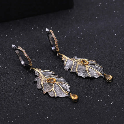 GEM'S BALLET 925 Sterling Silver Handmade Natural Citrine Leaves Ring Earrings Pendant Jewelry Set For Women Georgia O'keeffe