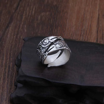 925 Sterling Silver Viking Odin Raven Hugin and Munin Ring Adjustable with Viking wood box as gift