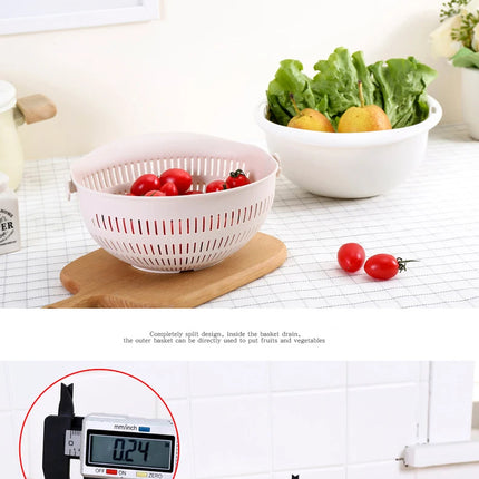 Kitchen Rotatable Double Drain Basket Fruits Vegetables Washing Storage Basket Strainers Bowl Cleaning Filter Colander Tool