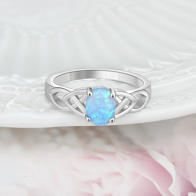 Silver Color Oval Blue Opal Ring Vintage Braided Ring Wedding Engagement Rings for Women Fine Jewelry (Lam Hub Fong)