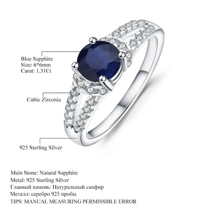 GEM'S BALLET Pure 925 Sterling Silver Vintage Rings Round 1.31Ct Natural Blue Sapphire Gemstone Ring for Women Wedding Jewelry