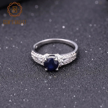 GEM'S BALLET Pure 925 Sterling Silver Vintage Rings Round 1.31Ct Natural Blue Sapphire Gemstone Ring for Women Wedding Jewelry