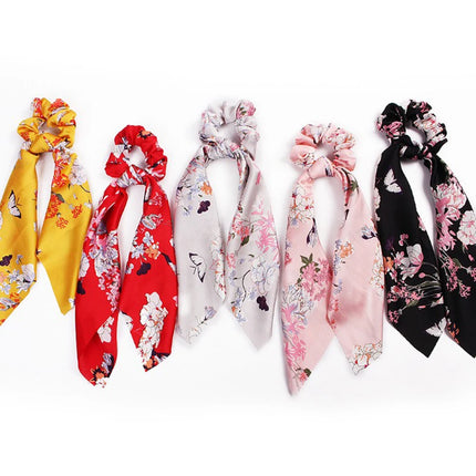 DIY Solid/Floral Print Bow Satin Long Ribbon Ponytail Scarf Hair Tie Scrunchies Women Girls Elastic Hair Bands Hair Accessories