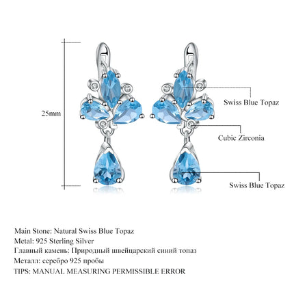 GEM'S BALLET 925 Sterling Silver Flower Earrings 6.69Ct Natural Swiss Blue Topaz Gemstone Drop Earrings for Women Fine Jewelry