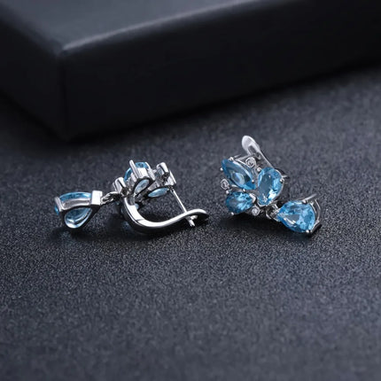 GEM'S BALLET 925 Sterling Silver Flower Earrings 6.69Ct Natural Swiss Blue Topaz Gemstone Drop Earrings for Women Fine Jewelry