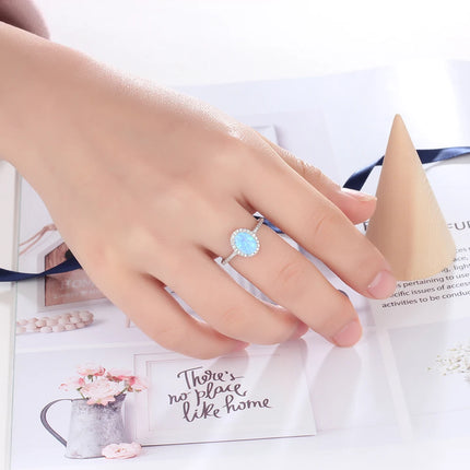 Promise 925 Sterling Silver Ring Blue Opal Stone With For Women Valentine's Day Romantic Gift(Lam Hub Fong)