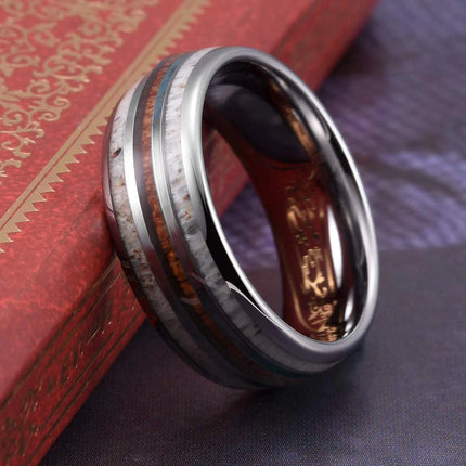 Fashion Silver Color Men's Stainless Steel Rings Koa Wood Deer Antler Inlay Dome Engagement Rings For Men Women Wedding Jewelry