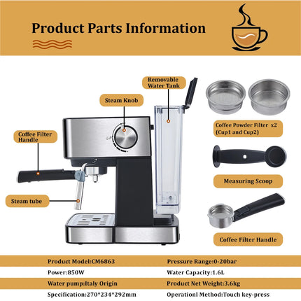 BioloMix 20 Bar Italian Type Espresso Coffee Maker Machine with Milk Frother Wand for Espresso, Cappuccino, Latte and Mocha