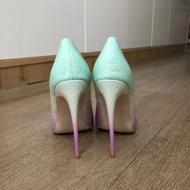 Veowalk Mint Purple Gradient Women Crocodile Effect Pointy Toe Sexy High Heel Shoes 8cm 10cm 12cm Stiletto Pumps Plus Suze 44 45